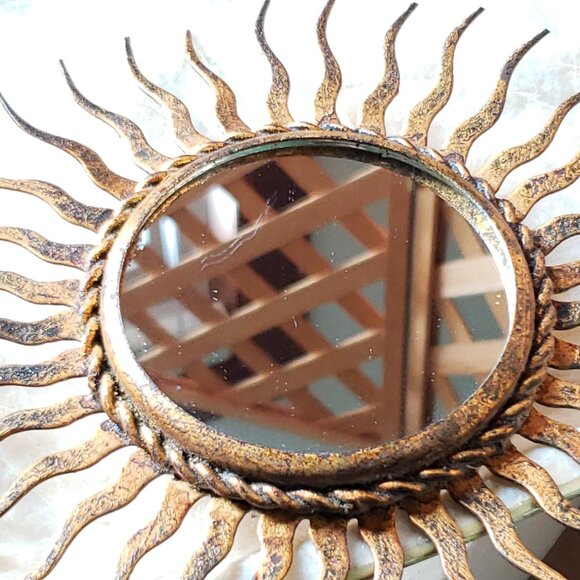 Sunburst Mirror in Gilt Wrought Iron, Small Scale Wall Hanging - Picture 4 of 5